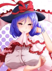  arm_under_breasts black_hat blue_hair bow breasts capelet clothes_in_mouth commentary_request female frilled_capelet frills hand_in_own_hair hat hat_bow highres kakegami large_breasts looking_at_viewer nagae_iku red_bow red_eyes short_hair solo touhou upper_body 