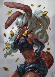  animal_ears belt black_shirt black_shorts bunny_mint card coin crop_top dark-skinned_female dark_skin detached_sleeves female fingernails gold_coin grey_background grey_hair highres holding holding_card long_hair looking_at_viewer midriff navel ponytail rabbit_ears rabbit_girl rabbit_tail red_belt red_eyes sa-dui shirt shorts solo tail youkai_watch 