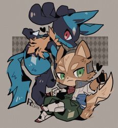  anthro blue_body blue_fur brown_body brown_fur canid canine chibi clothing crossover dipstick_tail duo fox fox_mccloud fur generation_4_pokemon green_eyes hi_res looking_at_viewer lucario male mammal markings nintendo pokemon pokemon_(species) red_eyes rsn_07 signature simple_background smile star_fox tail tail_markings 