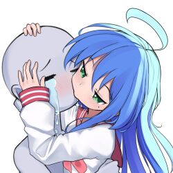  1other =_= ahoge blue_hair blush closed_eyes commentary crying emuach_(meme) english_commentary faceless female green_eyes hands_on_another&#039;s_head izumi_konata kissing long_hair long_sleeves lucky_star meme mole mole_under_eye raviolimavioli red_sailor_collar ryouou_school_uniform sailor_collar sailor_shirt school_uniform serafuku shirt simple_background sleeves_past_wrists streaming_tears tears textless_version upper_body very_long_hair white_background white_shirt 