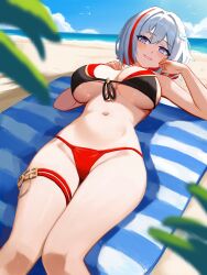  bare_shoulders beach bikini blue_sky breasts day feet_out_of_frame female front-tie_bikini_top front-tie_top grin groin hair_ornament highres honkai:_star_rail honkai_(series) large_breasts looking_at_viewer lying mismatched_bikini navel ocean on_back purple_eyes red_hair revision short_hair sky smile solo stomach swimsuit thighs topaz_(honkai:_star_rail) water white_hair yan_kodiac 