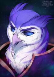  2024 ambiguous_gender anthro artist_name avian beak bird blue_body blue_eyes blue_sclera bust_portrait clothed clothing cosmic_background dated mouth_closed no_pupils owl pink_beak portrait purple_clothing purple_topwear santanahoffman solo space space_background star topwear white_body 