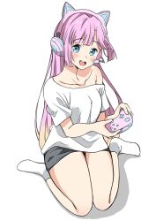  :d animal_ear_headphones animal_ears anyoji_hime bien_(djpwjd1) blonde_hair blue_eyes blunt_bangs blush breasts cat_ear_headphones collarbone controller fake_animal_ears female game_controller gradient_hair grey_shorts hair_down headphones highres holding holding_controller holding_game_controller link!_like!_love_live! long_hair looking_at_viewer love_live! medium_breasts multicolored_hair open_mouth pink_hair pink_headphones shirt short_sleeves shorts sidelocks simple_background single_off_shoulder sitting smile socks solo swept_bangs teeth upper_teeth_only very_long_hair virtual_youtuber wariza white_background white_shirt white_socks 