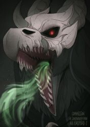  ambiguous_gender anthro artist_name black_sclera fur glowing glowing_eyes grey_body grey_fur grey_horn hi_res horn mask mouth_shot open_mouth red_eyes santanahoffman sharp_teeth simple_background skull_mask solo soul_vore species_request teeth 