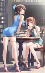  2girls absurdres arm_support armlet bare_arms bare_legs bare_shoulders blue_eyes blunt_bangs breasts brown_eyes brown_hair bun_cover chair china_dress chinese_clothes cleavage_cutout closed_mouth clothing_cutout commentary_request dress elbows_on_table fingernails floral_print flower full_body green_dress hair_between_eyes hair_bun hair_flower hair_ornament hairclip hand_on_table hands_up head_rest high_heels highres idolmaster idolmaster_million_live! indoors interlocked_fingers knees_together_feet_apart leaning_forward long_hair looking_at_viewer looking_back medium_breasts multiple_girls nanaran on_chair own_hands_together parted_lips print_dress red_footwear satake_minako short_dress short_hair side_slit sidelocks single_hair_bun sitting sleeveless sleeveless_dress small_breasts smile table tanaka_kotoha tassel tassel_hair_ornament thigh_strap vase wrist_cuffs 