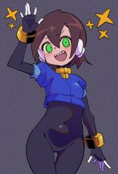  absurdres aile_(mega_man_zx) black_bodysuit blue_jacket blush bodysuit bodysuit_under_clothes brown_hair buzzlyears covered_navel cropped_jacket faux_traditional_media female glowing glowing_eyes green_eyes grey_background hand_on_own_hip highres jacket mega_man_(series) mega_man_zx no_pants sharp_teeth short_hair solo sparkle sweat teeth upper_teeth_only 