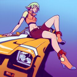  arm_support blue_gloves breasts car chromatic_aberration closed_mouth clothes_writing crop_top female fingerless_gloves full_body gloves goggles gradient_background green_hair groin high_heels ilya_kuvshinov knee_up leaning_back legs looking_at_viewer medium_breasts midriff motor_vehicle multicolored_hair muscle_car navel on_vehicle orange_footwear orange_shirt pink_hair raglan_sleeves red_shorts redline shirt short_hair short_shorts shorts sidelocks sitting skin_tight solo sonoshee_mclaren stomach thighs tinted_eyewear trans_am_20000_wr_(redline) two-tone_background two-tone_hair yellow-tinted_eyewear yellow_sleeves 