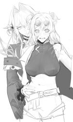  2girls belt blush breasts choker double_bun frills greyscale hair_bun hair_intakes hand_on_another&#039;s_waist hand_under_clothes hand_under_shirt highres honkai_(series) honkai_impact_3rd krmei_168x156 long_hair midriff monochrome multiple_girls naughty_face round_eyewear shirt shorts songque_(honkai_impact) stomach sweatdrop thelema_(honkai_impact) upper_body wide-eyed yuri 