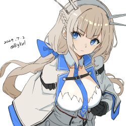  absurdres between_breasts bigkwl black_gloves blue_bow blue_capelet blue_eyes blue_necktie bow braid breasts capelet dated dress female gloves grey_capelet grey_dress hairbow headgear highres kantai_collection large_breasts light_brown_hair long_hair low_twintails maryland_(kancolle) multicolored_capelet necktie necktie_between_breasts pleated_dress radio_antenna side_braids solo twintails twitter_username white_background 