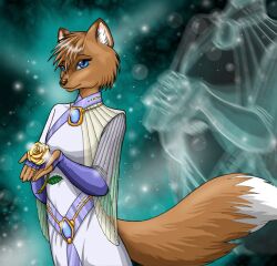  abstract_background anthro biped blue_eyes brown_body brown_fur brown_hair brown_nose canid canine clothed clothed_anthro clothed_female clothing dipstick_tail dress female female_anthro fingers flower fox fully_clothed fully_clothed_anthro fully_clothed_female fur hair holding_flower holding_object inner_ear_fluff jewelry looking_at_viewer mammal markings mouth_closed necklace peta_hewitt plant solo tail tail_markings tuft white_inner_ear_fluff white_tail_tip yellow_flower 