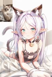  absurdres animal_ears animal_hands ass bell black_bra black_choker black_panties bra cat_ears cat_girl cat_lingerie cat_tail choker collarbone elf female frieren gloves green_eyes highres jingle_bell kemonomimi_mode long_hair looking_at_viewer lying meme_attire misyune neck_bell on_stomach panties paw_gloves petite photo-referenced pointy_ears sousou_no_frieren tail twintails underwear underwear_only white_gloves white_hair 