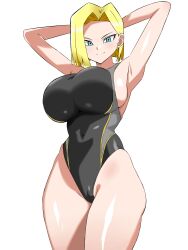  android_18 arms_behind_head black_one-piece_swimsuit blonde_hair blue_eyes breasts commentary_request competition_swimsuit dragon_ball dragon_ball_z female hair_intakes highres kagemusha large_breasts long_hair one-piece_swimsuit short_hair simple_background smile solo swimsuit two-tone_swimsuit white_background 