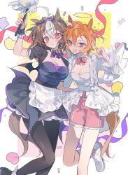  2girls :&lt; :d @_@ alternate_costume angel_and_devil angel_wings animal_ears apron arm_up black_pantyhose black_shirt black_skirt bow bowtie breasts brown_hair brown_tail chachalnene cleavage commentary demon_wings duster enmaided fake_horns frilled_cuffs frilled_skirt frills furrowed_brow hair_between_eyes halo holding holding_duster horns horse_ears horse_girl horse_tail long_sleeves maid maid_apron medium_breasts medium_hair meisho_doto_(umamusume) multiple_girls orange_hair orange_tail pantyhose pink_ribbon pink_shorts purple_eyes ribbon shirt short_hair short_sleeves shorts skirt smile standing standing_on_one_leg t.m._opera_o_(umamusume) tail umamusume unconventional_maid waist_apron white_footwear white_hair wings 