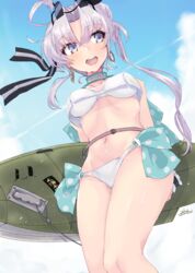  ahoge aircraft airplane akitsushima_(kancolle) akitsushima_(swimsuit_mode)_(kancolle) alakoala bikini blue_sky cloud contrail day female flying_boat hat highres kantai_collection long_hair looking_to_the_side mini_hat nishikitaitei-chan open_mouth purple_eyes purple_hair round_teeth side_ponytail sidelocks sky solo swimsuit teeth upper_teeth_only white_bikini 