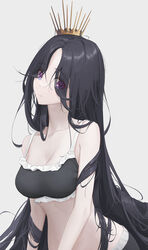  black_hair breasts cleavage crown eyes_visible_through_hair female hair_over_eyes highres long_hair medium_breasts midriff original parted_bangs purple_eyes simple_background solo standing very_long_hair vivid507 white_background 