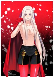  blonde_hair blush breasts cape collarbone edelgard_von_hresvelg female fire_emblem fire_emblem:_three_houses garreg_mach_monastery_uniform gloves hair_censor hair_ornament hair_ribbon highres holding holding_cape holding_clothes long_hair looking_at_viewer navel pantyhose petals purple_eyes red_background red_cape ribbon scar sieka_(piiroinardesco) simple_background smile solo topless twitter_username uniform unworn_cape very_long_hair 