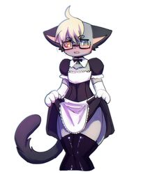  animal_crossing anthro apron apron_lift armwear blonde_hair blush bottomwear clothed clothing clothing_lift crossdressing domestic_cat dress dress_lift elbow_gloves eyewear felid feline felis femboy glasses gloves hair handwear heterochromia hi_res latex latex_clothing latex_legwear latex_stockings legwear luxx maid_uniform male mammal nintendo raymond_(animal_crossing) skirt skirt_lift solo stockings tail_under_skirt uniform 