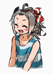  :d ^_^ ahoge american_beaver_(kemono_friends) appleq blush closed_eyes collarbone commentary_request female grey_hair hair_ornament hair_ribbon hairclip highres kemono_friends open_mouth ribbon shirt short_hair simple_background sleeveless sleeveless_shirt smile solo striped_clothes striped_ribbon striped_shirt upper_body white_background 