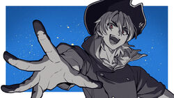  1boy :d bangs banned_artist blue_background border buttons collarbone commentary double-breasted dr._stone hair_between_eyes hat high_collar highres looking_at_viewer male_focus nanami_ryuusui open_hand open_mouth outside_border outstretched_arm partially_colored pirate_hat red_eyes sayshownen shirt short_hair short_sleeves smile solo spread_fingers teeth thick_eyebrows twitter_username upper_body watermark white_border 