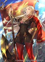  arm_up armor army ascot axe banner battle_axe black_jacket black_shorts blonde_hair brooch cape closed_mouth cloud cloudy_sky company_name copyright_name cropped_jacket day edelgard_von_hresvelg facing_ahead female fire_emblem fire_emblem:_three_houses fire_emblem_cipher flag floating_hair forehead formal from_below garreg_mach_monastery_uniform gold_trim hair_ribbon hand_on_own_hip helmet holding holding_axe holding_weapon jacket jewelry light_rays long_hair long_sleeves looking_at_viewer looking_down official_art outdoors pantyhose parted_bangs planted planted_axe purple_eyes purple_ribbon red_cape red_pantyhose reverse_grip ribbon shorts side_cape sideways_glance sky smile smug soldier solo_focus sunlight suzuki_rika thick_thighs thighs very_long_hair weapon 