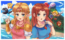  1boy 2girls :d :o absurdres anti-kirby blonde_hair blue_eyes blush bracelet bracer brown_hair chain_chomp character_name chibi circlet cloud commentary_request day earrings flower goomba green_headwear hair_flower hair_ornament hand_up highres holding holding_shield hylian_shield index_finger_raised island jewelry link long_hair marin_(zelda) mountain multiple_girls necklace ocean open_mouth outdoors parted_bangs pointy_ears princess_zelda sharp_teeth shield short_sleeves smile super_smash_bros. sword teeth the_legend_of_zelda the_legend_of_zelda:_a_link_between_worlds the_legend_of_zelda:_link&#039;s_awakening tree upper_body wakaba_(wata_ridley) weapon windfish&#039;s_egg 