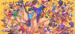  6+girls ass athletic_leotard ball baseball_uniform basketball_uniform bicycle bun_cover cammy_white capcom capcom_fighting_jam chun-li commentary company_connection crimson_viper decapre dougi edwin_huang effie_(street_fighter) elena_(street_fighter) english_commentary exercising falke_(street_fighter) female_seth_(street_fighter) fencing_suit fighting_stance flexible genryuusai_maki gymnastics gymnastics_ribbon hat highres ibuki_(street_fighter) ingrid_(capcom) jersey juli_(street_fighter) juni_(street_fighter) juri_han justice_gakuen kanzuki_karin kasugano_sakura kazama_akira kolin laura_matsuda leotard looking_at_viewer lucia_morgan makoto_(street_fighter) menat multiple_girls official_alternate_costume poison_(final_fight) pose rainbow_mika rose_(street_fighter) rugby_ball simple_background single_hair_ring sportswear street_fighter street_fighter_ii_(series) street_fighter_iii_(series) street_fighter_iv_(series) street_fighter_v street_fighter_zero_(series) thick_thighs thighs volleyball volleyball_(object) volleyball_uniform weightlifting yamato_nadeshiko_(street_fighter) yellow_background 