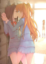  3girls against_locker blonde_hair blue_eyes breasts brown_hair caught caught_cheating cheating closed_eyes clothing cucked_by_lesbian cuckquean forced forced_kiss forced_yuri grabbing_wrists houjou_hibiki kissing kurokawa_ellen leg_between_thighs lockers medium_breasts minamino_kanade minatsuki_randoseru ponytail precure pretty_cure school_uniform shoe_locker short_hair suite_precure twintails walk-in watching yuri 