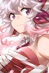  breasts commentary_request female gloves glowing glowing_hair gun large_breasts light_purple_hair murakami_hisashi portrait purple_eyes senki_zesshou_symphogear solo weapon x-drive_(symphogear) yukine_chris 