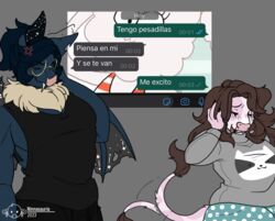  anthro bat bovid bovine brown_hair cattle charlie_corvinus_(charliecorvinus) chatting closed_eyes clothing cross-popping_vein dark_hair duo eyewear female glasses hair hi_res hybrid leaf-nosed_bat long_hair male mammal megabat microbat neck_tuft ninna_(ninnasaurio) ninnasaurio notched_ear notched_wings pajamas ponytail shirt spanish_text star tail tail_motion tailwag tank_top text topwear translated tuft vampire_bat whatsapp wings yangochiropteran 