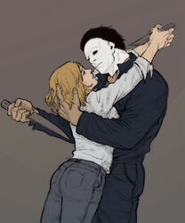  1boy berman1983 blonde_hair female halloween_(movie) hand_on_another&#039;s_head holding holding_knife holding_weapon knife laurie_strode long_sleeves mask michael_myers shirt simple_background weapon white_mask white_shirt 