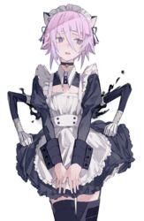  1other absurdres alternate_costume androgynous animal_ears apron averting_eyes bell black_choker black_dress black_thighhighs bright_pupils cat_ears choker cleavage_cutout clothing_cutout collared_dress commentary_request cowboy_shot crona_(soul_eater) cuff_links dress embarrassed enmaided flat_chest garter_straps grey_eyes hair_between_eyes highres jingle_bell juliet_sleeves light_blush long_sleeves maid maid_apron maid_headdress neck_bell open_mouth other_focus puffy_sleeves purple_hair ragnarok_(demon_sword) short_hair simple_background soul_eater thighhighs v_arms white_apron white_background white_pupils yamasodachi55 