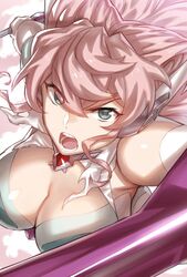  aqua_eyes breasts cleavage commentary_request female holding holding_weapon large_breasts maria_cadenzavna_eve murakami_hisashi open_mouth pink_hair portrait senki_zesshou_symphogear solo weapon x-drive_(symphogear) 