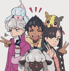  2boys asymmetrical_bangs bede_(pokemon) black_choker black_hair black_jacket choker closed_eyes commentary_request curly_hair dark-skinned_male dark_skin dress dynamax_band female fur-trimmed_jacket fur_trim hair_ribbon hatenna highres hop_(pokemon) jacket long_sleeves looking_at_viewer marnie_(pokemon) morpeko morpeko_(full) multiple_boys nashubi_(to_infinity_wow) open_clothes open_mouth pink_dress pokemon pokemon_(creature) pokemon_swsh popped_collar protected_link purple_eyes red_ribbon ribbon round_teeth shirt smile teeth white_background wooloo 