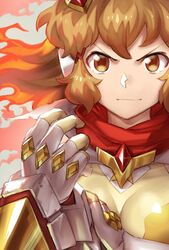  brown_eyes brown_hair commentary_request female gloves glowing glowing_hair hair_ornament hairclip murakami_hisashi portrait scarf senki_zesshou_symphogear smile solo tachibana_hibiki_(symphogear) x-drive_(symphogear) 