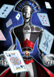  1boy absurdres ace_(playing_card) ace_of_spades card club_(shape) commentary diamond_(shape) extra_eyes f-zero four_of_hearts gloves heart highres joker_(playing_card) king_(playing_card) king_of_spades looking_at_viewer male_focus mixed-language_commentary open_mouth playing_card seven_of_diamonds silverchariotx smile solo spade_(f-zero) spade_(shape) star_(sky) third_eye three_of_clubs white_gloves 