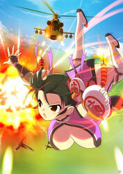  aerial_battle airborne aircraft airplane armor baozi battle black_hair blue_sky blush bomb breasts bullet bun_(food) chinese_clothes cleavage cloud day double_bun explosion explosive falling female fighter_jet fighter_plane fighting firecrackers firing fishnet_armwear food fuse gun hair_bun hair_ornament helicopter holding holding_bomb japanese_armor jet kote kurokote large_breasts lit_fuse meimei_(senran_kagura) military military_vehicle official_art open_mouth orange_eyes outdoors purple_ribbon ribbon senran_kagura senran_kagura_new_wave short_hair sky solo thighhighs third-party_source weapon white_thighhighs yaegashi_nan 