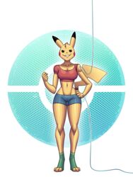  3:4 anthro anthrofied blue_bottomwear blue_clothing blue_shorts bottomwear breasts clothing crop_top female generation_1_pokemon hi_res hotpants injection nintendo pikachu pokeball pokemon pokemon_(species) pokemorph red_clothing red_shirt red_topwear shirt shorts simple_background solo topwear wolfiecanem xylem 