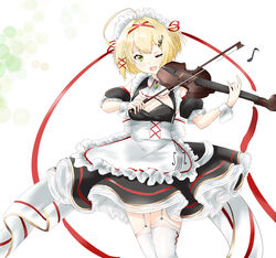  anchor_symbol apron azur_lane black_dress blonde_hair bow breasts cleavage detached_sleeves dress female frilled_apron frills garter_straps green_eyes hair_ornament highres holding holding_instrument holding_violin instrument layered_dress maid_apron maid_headdress mumei_shumi music official_alternate_costume one_eye_closed open_mouth playing_instrument puffy_short_sleeves puffy_sleeves red_ribbon ribbon short_sleeves simple_background small_breasts solo southampton_(afternoon_impromptu)_(azur_lane) southampton_(azur_lane) standing thighhighs violin white_apron white_background white_bow white_garter_straps white_thighhighs wrist_cuffs x_hair_ornament 