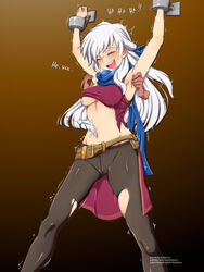  armpits arms_up artist_name bare_shoulders belt black_leggings blue_scarf blush bound bound_wrists breasts closed_eyes commission cowboy_shot disembodied_hand dress english_text fanbox_username feathers female fire_emblem fire_emblem:_radiant_dawn gradient_background hair_ribbon half_updo heavy_breathing highres klaudsanart laughing leggings long_hair medium_breasts micaiah_(fire_emblem) navel open_mouth patreon_username restrained ribbon scarf side_slit simple_background sleeveless sleeveless_dress smile solo_focus subscribestar_username sweat tickle_torture tickling tickling_armpits tickling_navel torn_clothes torn_dress torn_leggings trembling turtleneck turtleneck_dress web_address white_hair 