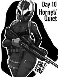  2020 3:4 bikini bikini_bottom bikini_top breasts cleavage clothed clothing cosplay crossover crossover_cosplay female gas_mask greyscale gun hi_res holding_gun holding_object holding_ranged_weapon holding_weapon hollow_knight hornet_(hollow_knight) humanoid konami mask metal_gear monochrome nudiedoodles portrait quiet_(metal_gear) ranged_weapon rifle sniper_rifle solo swimwear team_cherry three-quarter_portrait weapon 