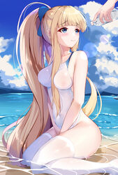  absurdres azur_lane beach between_legs blonde_hair blue_eyes blue_sky blunt_bangs bottle breasts cloud commentary_request competition_swimsuit day dongyue_sakura female hair_between_breasts hair_ribbon hand_between_legs highres holding holding_bottle icarus_(azur_lane) icarus_(nereid&#039;s_discovery)_(azur_lane) long_hair looking_at_another medium_breasts mountainous_horizon ocean one-piece_swimsuit outdoors ponytail ribbon sitting sky smile swimsuit thighhighs very_long_hair wariza water_bottle white_one-piece_swimsuit white_thighhighs 