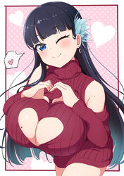  absurdres aqua_hair black_hair blue_eyes blunt_bangs blunt_ends breasts cleavage cleavage_cutout clothing_cutout commentary_request detached_sleeves earrings female flower gradient_hair hair_flower hair_ornament heart heart_hands highres hime_cut huge_breasts jewelry large_breasts looking_at_viewer meme_attire mole mole_on_breast mole_on_shoulder mole_under_eye mole_under_mouth multicolored_hair original red_sweater ribbed_sweater sakamata_(sakamata4) solo spoken_heart sweater two-tone_hair virgin_killer_sweater 