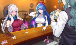  1boy 2girls adjusting_hair alternate_costume alternate_eye_color aphrodisiac bar bartender blue_hair blush breasts bride drink drugs elbow_gloves female female_focus femsub fingerless_gloves fire_emblem fire_emblem:_radiant_dawn fire_emblem:_the_binding_blade fire_emblem:_the_sacred_stones fire_emblem_heroes forced forced_marriage gloves grey_hair hat heart-shaped_pupils horny indoors large_breasts lilina_(fire_emblem) long_hair love_potion male maledom micaiah_(fire_emblem) mind_control multiple_girls nez-box nintendo open_mouth scarf silver_hair slave smile valter_(fire_emblem) very_long_hair wavy_mouth wedding_dress 