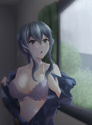  absurdres bad_id bad_pixiv_id bare_shoulders blue_hair blue_shirt bra breasts cleavage collarbone female gotland_(kancolle) grey_eyes highres kantai_collection large_breasts long_hair looking_up manjukannon mole mole_under_eye navel open_clothes open_mouth open_shirt purple_bra rain shirt simple_background solo underwear window 