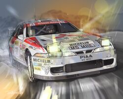  1boy car commentary_request drifting driving enkei jettoburikku michelin michelin_man mitsubishi_eclipse mitsubishi_motors motion_blur motor_vehicle ngk piaa race_vehicle racecar rain ralliart rally_car signature sports_car vehicle_focus wet world_rally_championship 