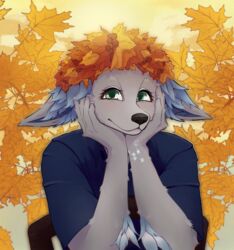  2021 anthro autumn autumn_leaves black_nose blue_hair clothed clothing digital_media_(artwork) eyelashes fur green_eyes grey_body grey_fur hair half-length_portrait hand_on_face hi_res leaf leaf_crown male mammal monotone_clothing monotone_shirt monotone_topwear onomari portrait shaded shirt solo topwear 