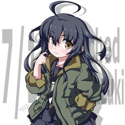  547th_sy ahoge black_hair black_serafuku blush collarbone cosplay crescent crescent_pin dated eating gundam gundam_tekketsu_no_orphans hair_between_eyes hand_in_pocket highres jacket kantai_collection long_hair long_sleeves looking_at_viewer mikazuki_(kancolle) mikazuki_augus mikazuki_augus_(cosplay) name_connection necktie school_uniform seed serafuku smile white_background yellow_eyes 