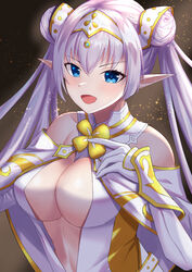  absurdres arm_guards bare_shoulders blue_eyes blush breasts britomart_(fate) britomart_(second_ascension)_(fate) capelet center_opening cleavage double_bun dress elbow_gloves fate/grand_order fate_(series) female gloves gold_trim grey_hair hair_bun hairband highres large_breasts long_hair looking_at_viewer open_mouth pointy_ears shiratamaaji smile solo taut_clothes taut_dress twintails very_long_hair white_capelet white_dress white_gloves 