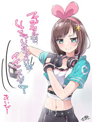  ai-pii_(kizuna_ai) asterisk_hair_ornament belt belt_buckle black_belt black_gloves black_shorts blue_eyes blue_jacket brown_hair buckle choker commentary_request cosplay cropped_jacket female fingerless_gloves gloves gradient_background hair_ornament hairband hand_on_own_shoulder happyturnw headphones headphones_around_neck highres jacket kizuna_ai kizuna_ai_(a.i._games) kizuna_ai_(cosplay) kizuna_ai_inc. light_blush looking_at_viewer love-pii_channel motion_lines multicolored_hair open_clothes open_jacket pink_hair pink_hairband shirt shorts signature simple_background smile solo streaked_hair stretching translation_request virtual_youtuber white_shirt 