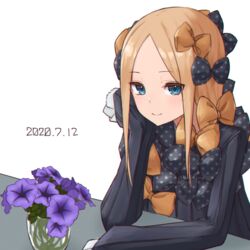  abigail_williams_(fate) absurdres arm_on_table arm_support birthday black_bow black_dress blonde_hair blue_eyes bow dated dress fate/grand_order fate_(series) female flower hairbow hand_on_own_cheek hand_on_own_face head_rest highres kopaka_(karda_nui) long_hair long_sleeves looking_at_viewer multiple_hair_bows orange_bow parted_bangs petunia_(flower) polka_dot polka_dot_bow purple_flower simple_background sleeves_past_fingers sleeves_past_wrists smile solo white_background 